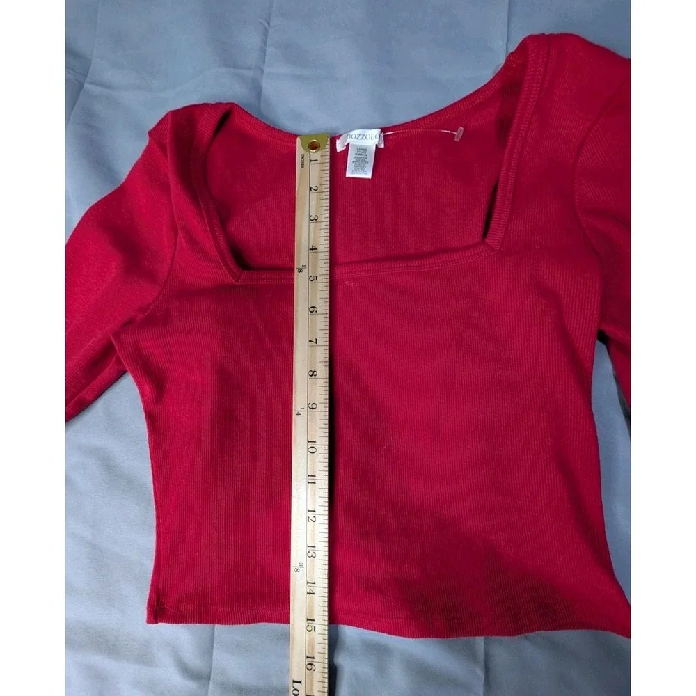 Bozzolo Crop Top Long Sleeve Red Ribbed Square Neck Shirt‎ Size LCotton Blend